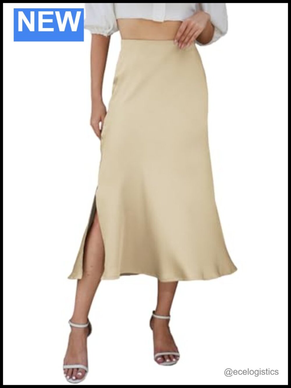 Elegant Midi Satin Skirt with Side Slit, High Waist, Zipper, Flowy Fishtail Hem